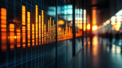 Data graphs glow on glass in busy hallway at sunset, people blur by