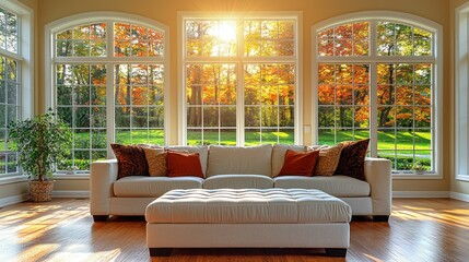 Cozy couch interior facing bright Autumn landscape view through large windows