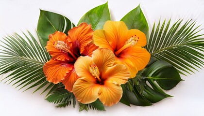 Fototapeta premium orange and yellow hibiscus hibiscus flowers with monstera and palm leaves bouquet isolated on transparent background
