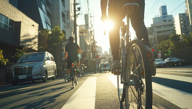 Two Cyclists Riding Bikes on City Street at Sunrise
