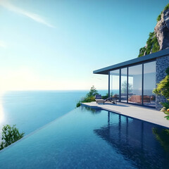 Fototapeta premium 3D Illustration Cliffside House Ocean View Infinity Pool Luxury Home Architecture Design Real Estate