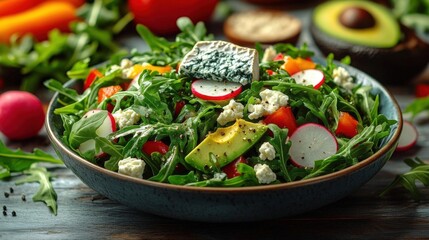 Colorful Fresh Mixed Greens Salad With Avocado And Blue Cheese