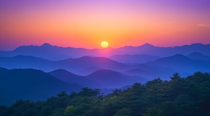 Obraz premium Sunrise over the hill among the green trees,