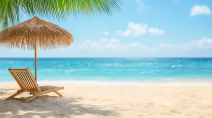 Fototapeta premium A relaxing beachside scene with a wooden lounge chair under a straw umbrella, overlooking the clear blue ocean