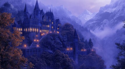 Fototapeta premium A grand Gothic-style mansion nestled in a misty mountain forest with glowing windows and a stone bridge. Perfect for mystery and fantasy themes
