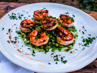 Photo Grilled Shrimp, Peas, and Parsley Gourmet Dish