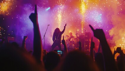 Energetic Rock Concert with Fireworks and Crowd
