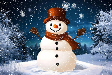 Fototapeta premium Illustration of Snowman in Snowy Winter Wonderland