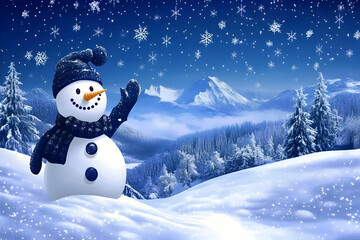 Obraz premium Illustration - Snowman Waving in Snowy Mountain Winter Wonderland