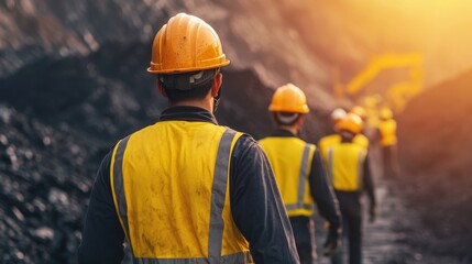 Fototapeta premium Construction Workers in Safety Gear Walking Towards Job Site at Sunset
