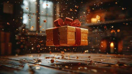 Gift floats mid-air, confetti swirls in cozy rustic room, fireplace background