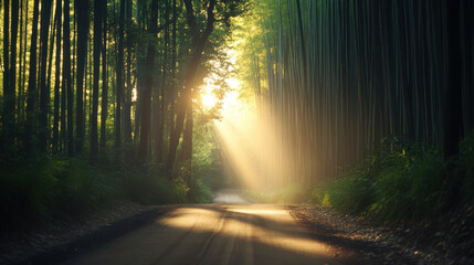 Fototapeta premium serene road through bamboo forest with sunlight filtering through trees, creating tranquil atmosphere.