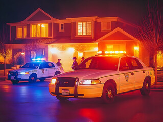 Illustration - Night Patrol Car Lights Suburban Home Safety Security
