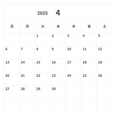 2025年(令和7年) シンプルな正方形カレンダー 4月, ベクター, テンプレート