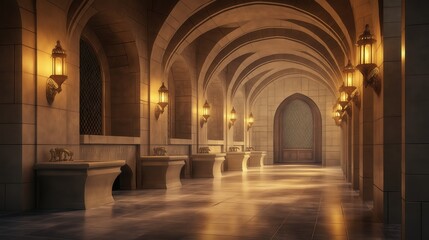 Fototapeta premium A long medieval corridor with stone arches, dim lanterns, and a historic atmosphere. Ideal for fantasy, history, and architecture themes