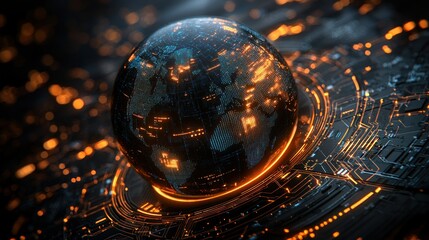 Globe glows on tech board, displaying global connections & data transfer