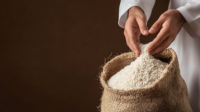 Muslim Man is Grabing Rice on Sack on Right Side of Brown Background : Suitable for Be Used in Blog Posts, Social Media Posts or Website Content Related to Food, Agriculture dan Islamic Theme.