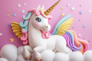 Naklejka premium Cute Unicorn on Cloud Beautiful Cartoon of Horse, one Horn Awesome Rainbow Colors in Greeting Card Magical Unicorn as Trendy Background Lovely Pony with One Unicorn