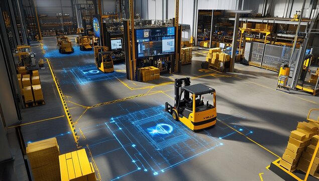Automated Warehouse with Forklift and Digital Overlay