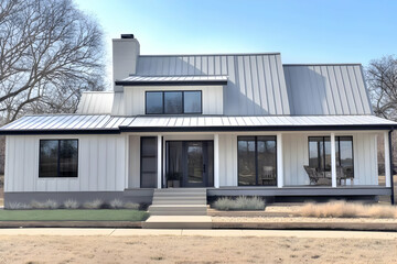 Illustration - Modern Farmhouse Exterior Design, White Siding, Metal Roof