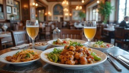 an Pleasant meal in a restaurant setting, featuring well-presented dishes and an inviting dining atmosphere.