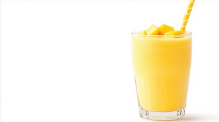 A refreshing mango smoothie in a glass with diced mango pieces and a straw, placed on a white background. Ideal for food, health, and summer themes