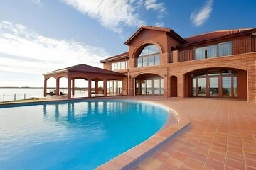 Fototapeta premium Photo Luxury Lakeside Home, Pool, Patio, Sky, Clouds, Architecture, Real Estate, Home, House