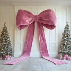 large pink velvet bow decorates festive room with Christmas trees and gifts, creating cheerful and elegant holiday atmosphere
