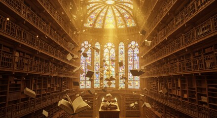 Obraz premium Ancient Library: A magnificent library with towering bookshelves, sunlit stained-glass windows, and scattered books creates a magical, ethereal scene.