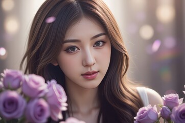 Naklejka premium Charming Asian Woman with Purple Roses: Beauty, Femininity, and Spring Romance