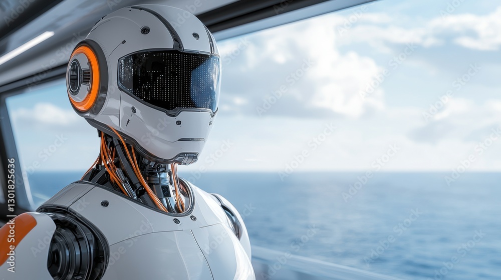Poster futuristic robot android with ocean view in modern setting