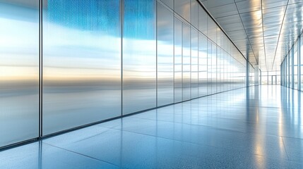 Hallway shines, reflects light, blue tones, architecture and sky background