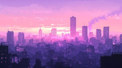 Fototapeta premium Purple Cityscape at Dawn: A Dreamy Metropolis