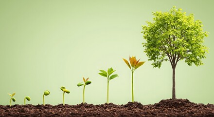 A series of growing plants, from a small sprout to a full tree, symbolizing natural growth and progress, set against a pastel green background