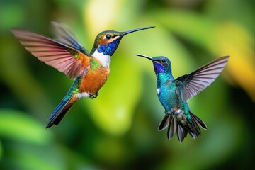Naklejka premium Two vibrant hummingbirds in flight, facing each other against a blurred green background. (1)