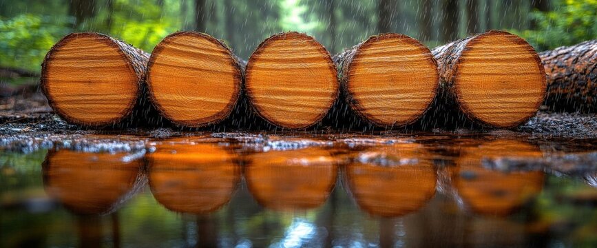 Brown Logs Reflecting In A Puddle On Rainy Day In Forest