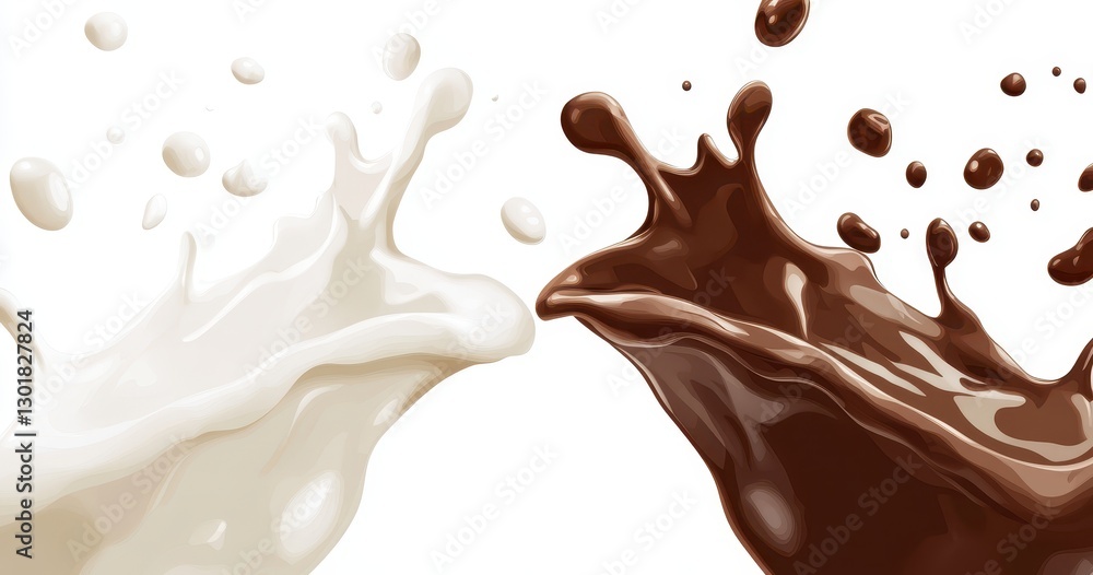 Poster splashing milk and chocolate liquid forms creating dynamic contrast on white background for culinary