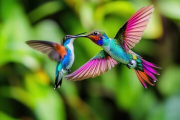 Fototapeta premium Two vibrant hummingbirds in mid-air, one feeding the other.