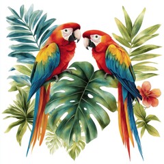 Fototapeta premium Two vibrant macaws perched on tropical leaves.