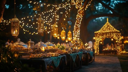 Elegant Outdoor Evening Buffet With Lanterns And Lights