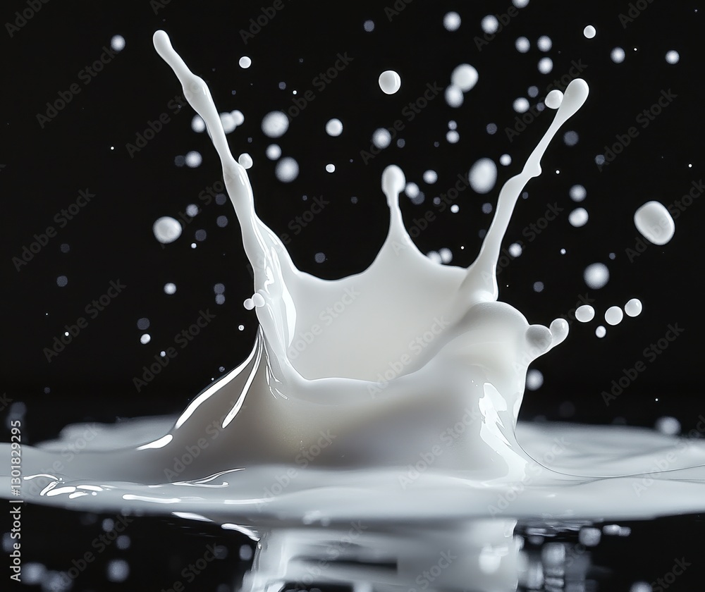 Poster stunning high-speed capture of milk splashing with dynamic drops against a dark background perfect f