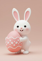Fototapeta premium Cute Easter Bunny Holding a Pink Decorated Egg – 3D Render