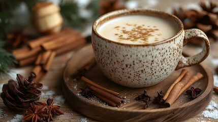 Warm Spiced Drink In Rustic Wooden Tray