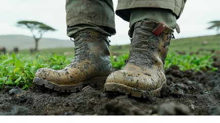 Muddy boots stand in field, grassy plain background, trees in the distance