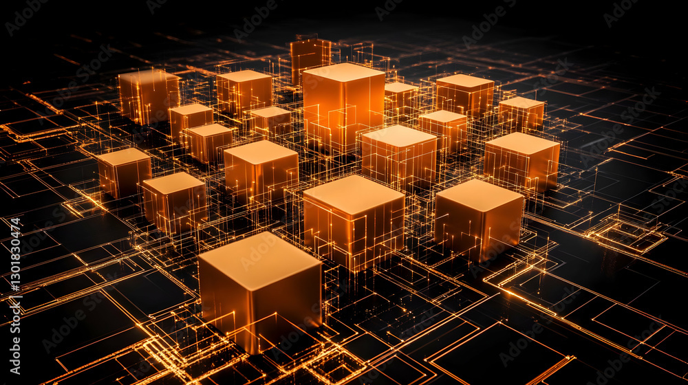 Poster 3d illustration - abstract background with cubes and network