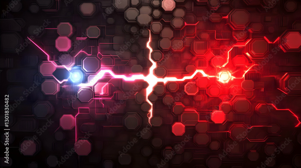 Poster abstract background - red and blue energy flow across hexagonal circuitry