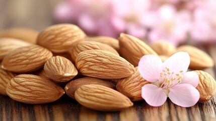 Almonds, close-up, wooden surface, cherry blossoms background.  Food photography