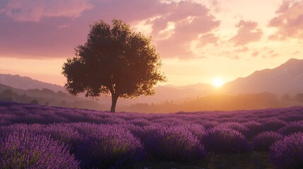 Fototapeta premium Tranquil Lavender Fields Provence France Lonely Tree Landscape