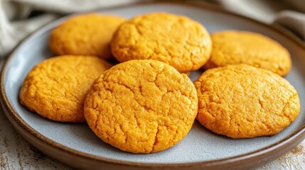 Delicious golden cookies arranged on a ceramic plate, showcasing their soft texture and warm color.