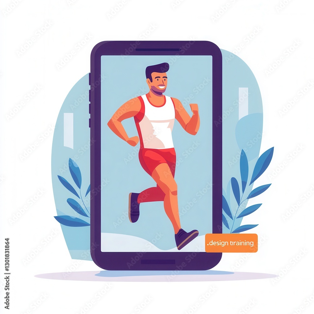 Poster animated character running in smartphone design for fitness app